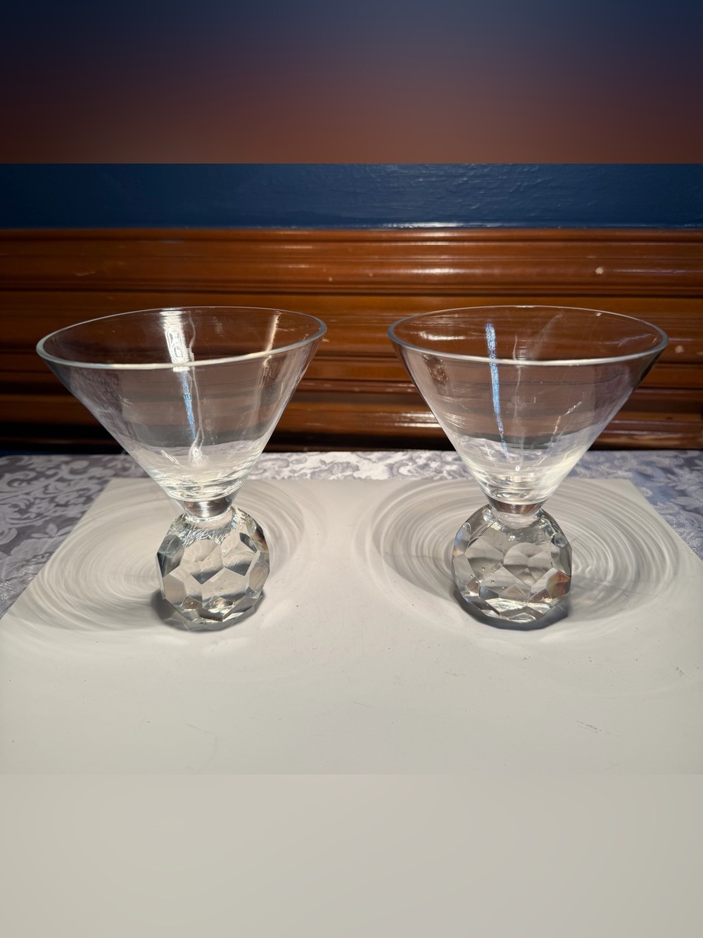 Set of Diamond Ball Martini Glasses Distinctive Faceted Round Glass Base